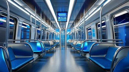 Modern, empty subway car interior with blue seats and LED lighting. - Powered by Adobe