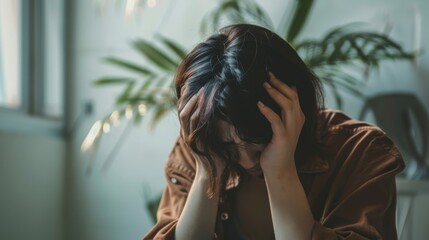 Person sitting alone in a room, holding head with both hands, showing deep emotional distress and inner turmoil, isolated and contemplative moment.