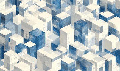 Fototapeta premium Abstract isometric city skyline with blue and white cubes.