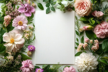 A serene floral arrangement featuring delicate flowers framing a blank page, perfect for spring-themed invitations, minimalist wedding decor, or calming stationery design.