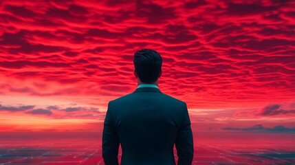 Fototapeta premium Businessman Silhouetted Against a Dramatic Red Sunset over City
