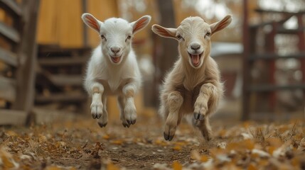 Obraz premium Happy Goats Jumping Playfully in the Countryside During Autumn Season. Generative AI