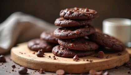 Pile of vegan double chocolate cookies stacked on wooden board with crumbs. Sweet homemade dessert snack treat. Rustic bakery presentation baking background.