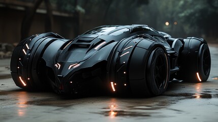 Futuristic black car, city street, rain, night, concept art
