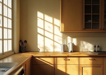 Sunny kitchen corner, light wood cabinets, window shadows, minimalist design, home decor