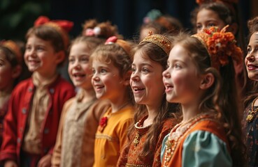 Fototapeta premium Group of smiling children in theatrical costumes perform on stage during school play. Joyful kids acting in musical, expressing creativity, excitement, showing childhood education, cultural