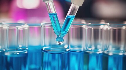 Science Lab  Pipettes Dropping Blue Liquid into Test Tubes