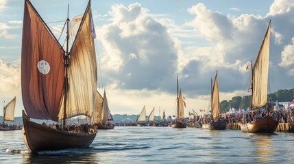 Traditional Sailing Vessels on a Calm Day with Cloudy Sky