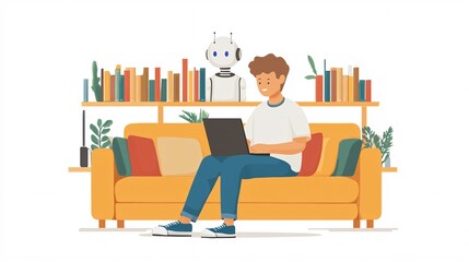 Fototapeta premium Person Using Laptop at Home with a Friendly Robot Companion