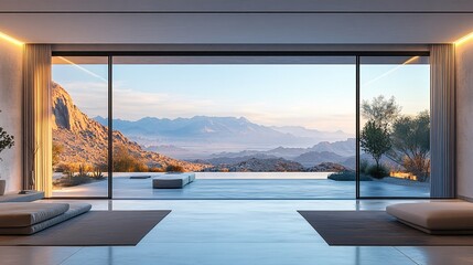 Fototapeta premium Modern Living Room with Scenic Mountain View and Infinity Pool