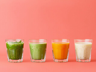Four colorful smoothies in clear glasses on a coral background.