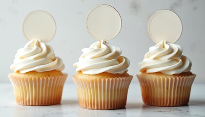 Vanilla cupcakes with blank topper mockup. Creamy frosting dessert, sweet baking cake. White customizable paper circle on pastry. Delicious sugar treat swirl, elegant confectionery presentation for