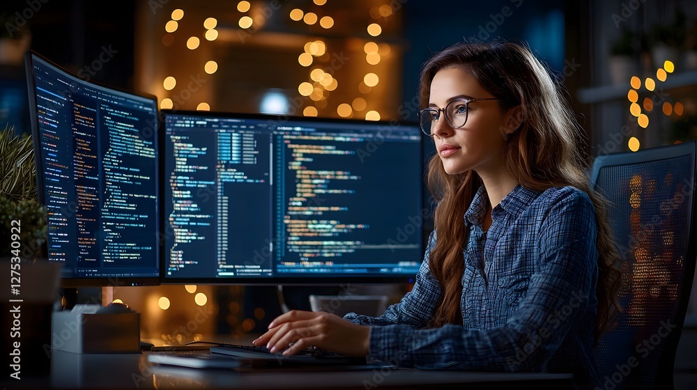 Poster Skilled Female Software Engineer Coding Diligently on Multiple Screens in a Dimly Lit Tech Workspace with Soft Bokeh Effect Providing Clear Copy Space for Overlay Text