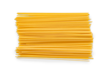 Closeup of a pile of organic spaghetti pasta isolated on a transparent background with shadow from above, top view, png