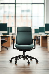 An office setting with a worker's chair empty, showing symbolic signs of emotional fatigue, Modern office chair designed for comfort and style in a contemporary workspace with ample natural light.