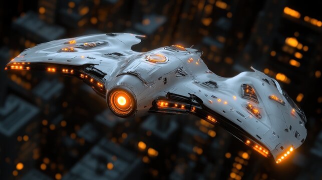 Futuristic spaceship flying city night sci-fi