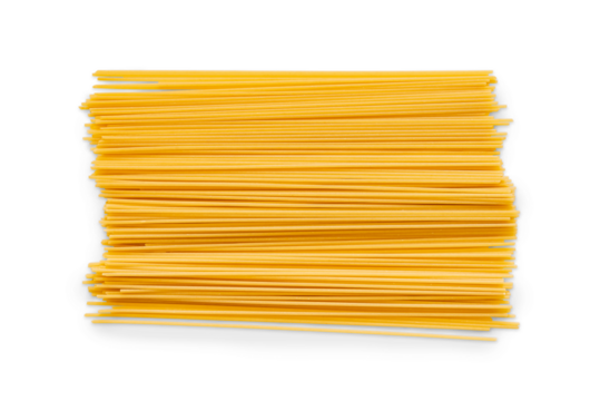 Closeup of a pile of organic spaghetti pasta isolated on a transparent background with shadow from above, top view, png