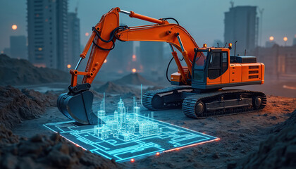 Orange excavator at construction site with digital blueprint overlay. Heavy machine engineering equipment, civil urban foundation, development industry, future smart tech, modern design, innovation,