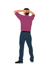 Fototapeta premium Business man standing rear view with his arms up on the head. Handsome guy in smart casual office outfit in relaxing pose. Character back view. Vector flat illustration isolated