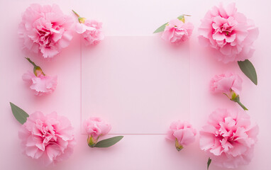 Fototapeta premium Pink carnations arranged on pastel background with copy space 