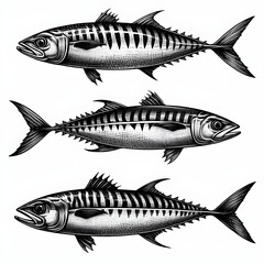 Fototapeta premium Intricate line work and realistic texture of mackerel fish, isolated on white background, Black and white image