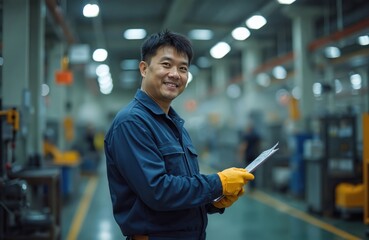 Asian worker in blue uniform, yellow gloves smiles at production plant. Happy metal factory employee holds checklist. Industry engineer at workplace control manufacture process.