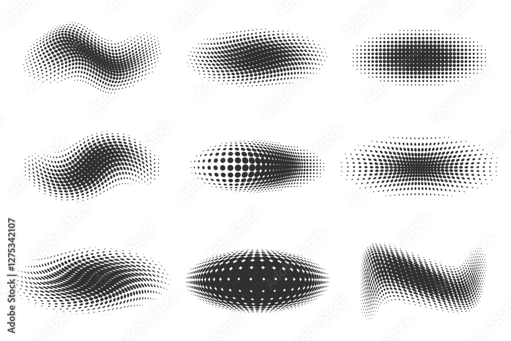 Poster dotted vector shapes. abstract gradient wavy elements isolated on white background. halftone geometr