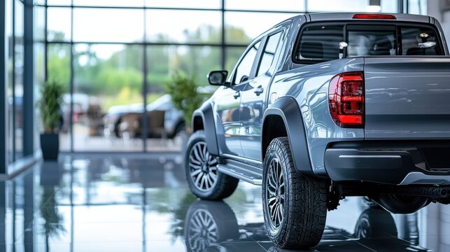 A brand-new four-door pickup truck displayed in a showroom with glossy reflections.