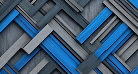 Abstract geometric pattern of blue and grey stripes on wood.