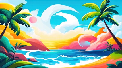 Fototapeta premium A colorful and lively tropical beach illustration with swaying palm trees and glowing blue waters.