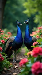 Obraz premium Peacocks in a symmetrical row amidst lush flowers and foliage, ornamental, wildlife, flowers