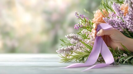 Close up of a hand tenderly holding a purple ribbon the symbolic color of International Women s Day against a softly blurred background providing ample copy space