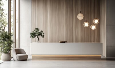 Modern minimalist reception desk, wood wall, lobby, waiting area, natural light