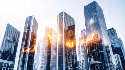 Obraz premium A futuristic city skyline with digital charts reflecting business growth, financial forecasts, and corporate evolution. Glowing data overlays highlight economic trends and company performance
