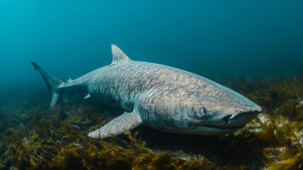 Exploration of a large shark swimming gracefully through kelp forest in calm, blue ocean waters