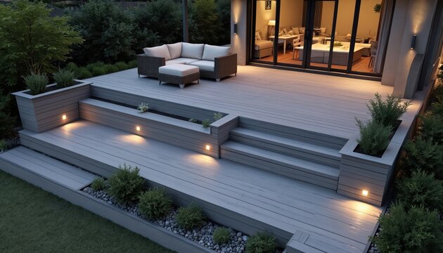 Modern multi-level composite decking in ash grey with subtle deck lights for contemporary garden landscape design at dusk. Outdoor sofa furniture on wooden patio.
