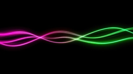 Abstract glowing neon pink and green waves on black background.