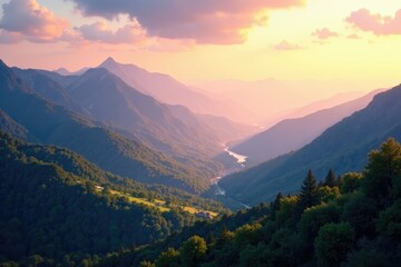 Obraz premium Landscape of mountains and valleys bathed in soft warm light, soft, inviting