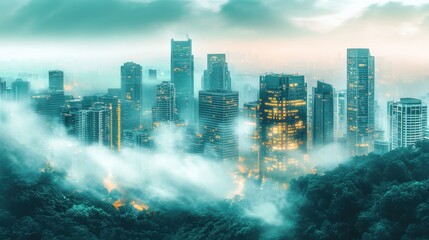 Fototapeta premium A futuristic Earth in 2026, covered in lush greenery, misty mountains, and a glowing sustainable cityscape.