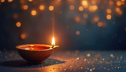 Festive Diwali background with realistic oil lamp with bright flame. Hindu holiday, religion theme. Banner, poster, flyer, website header with copy space. Sparkles and glow.