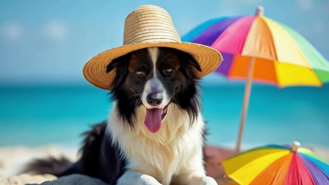 Adorable black and white border collie wearing a straw hat sitting on the beach with a colorful umbrella in the background, symbolizing summer fun, perfect for vacation and travel concepts