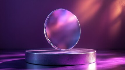 Obraz premium Glass disc, purple studio, neon light, product display