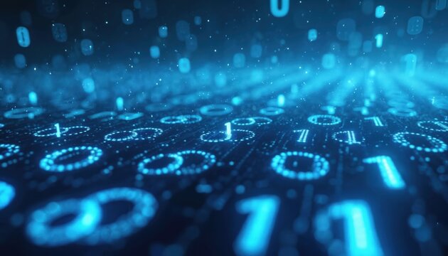 Close-up of binary code in glowing blue. Data stream cybersecurity, IT abstract background. Conceptual backdrop for computing, modern technology themes. Encryption, cyberspace, programming concept.