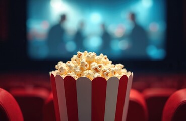 Striped popcorn bucket in movie theatre. Red seats, screen in cinema hall at night. Entertainment concept. Snack time. Salty pop corn close-up before film screening.