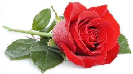 Naklejka premium Single red rose laying on white background.