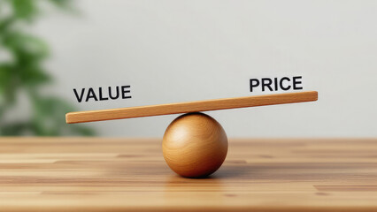 Wooden seesaw scale empty on wooden sphere on wood table with wording VALUE and PRICE balancing.