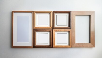Set of Four Square Frames with PassePartout Elegant Wooden Frame Mockup against a White Backdrop, Perfect for Poster or Artwork Display, Emphasizing Simplicity and Classic Aesthetics.