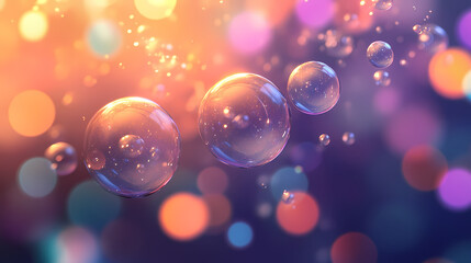 Floating Transparent Bubbles on Colorful Bokeh Background
