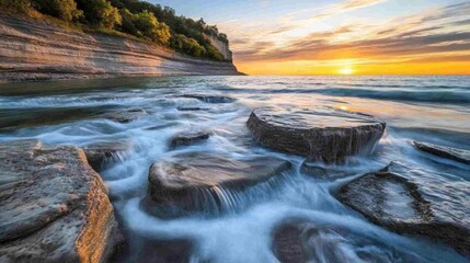 Obraz premium A peaceful coastal scene where the setting sun casts warm hues over the calm seaside waters.