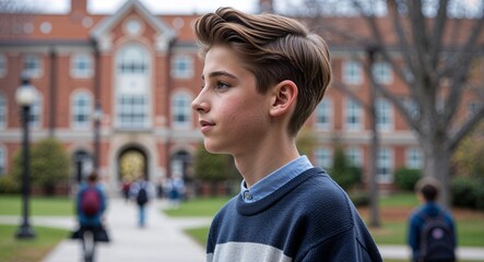 Caucasian boy in university campus background sweater young teen side view portrait